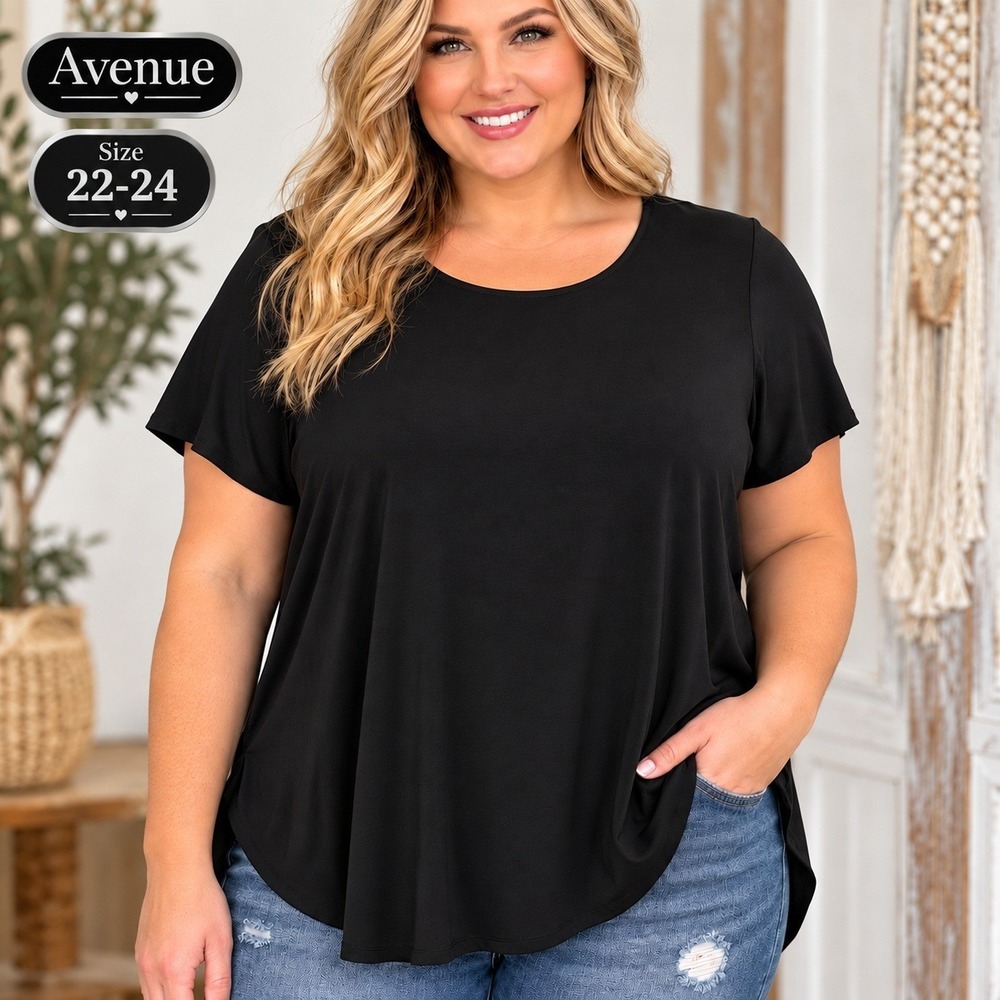 Avenue Womens Plus Size 22/24 Black Short Sleeve Scoop Neck Top